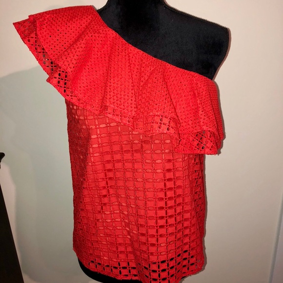 J Crew Red Ruffle Off the Shoulder Top - Picture 4 of 7